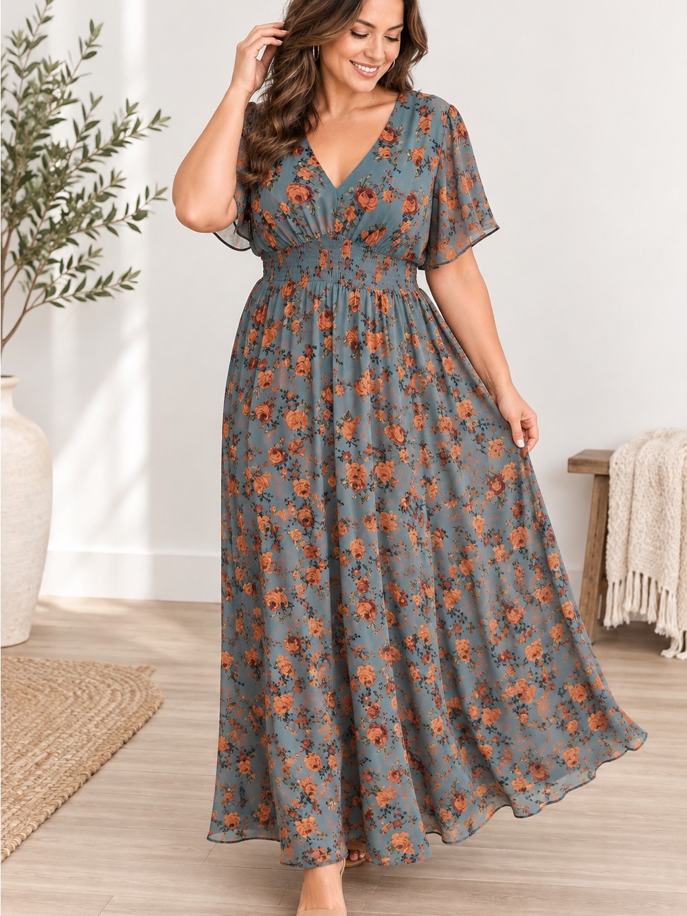 Baltic Born Bride Maxi Dress 1X Dusty Blue Floral Flutter Sleeve NWT